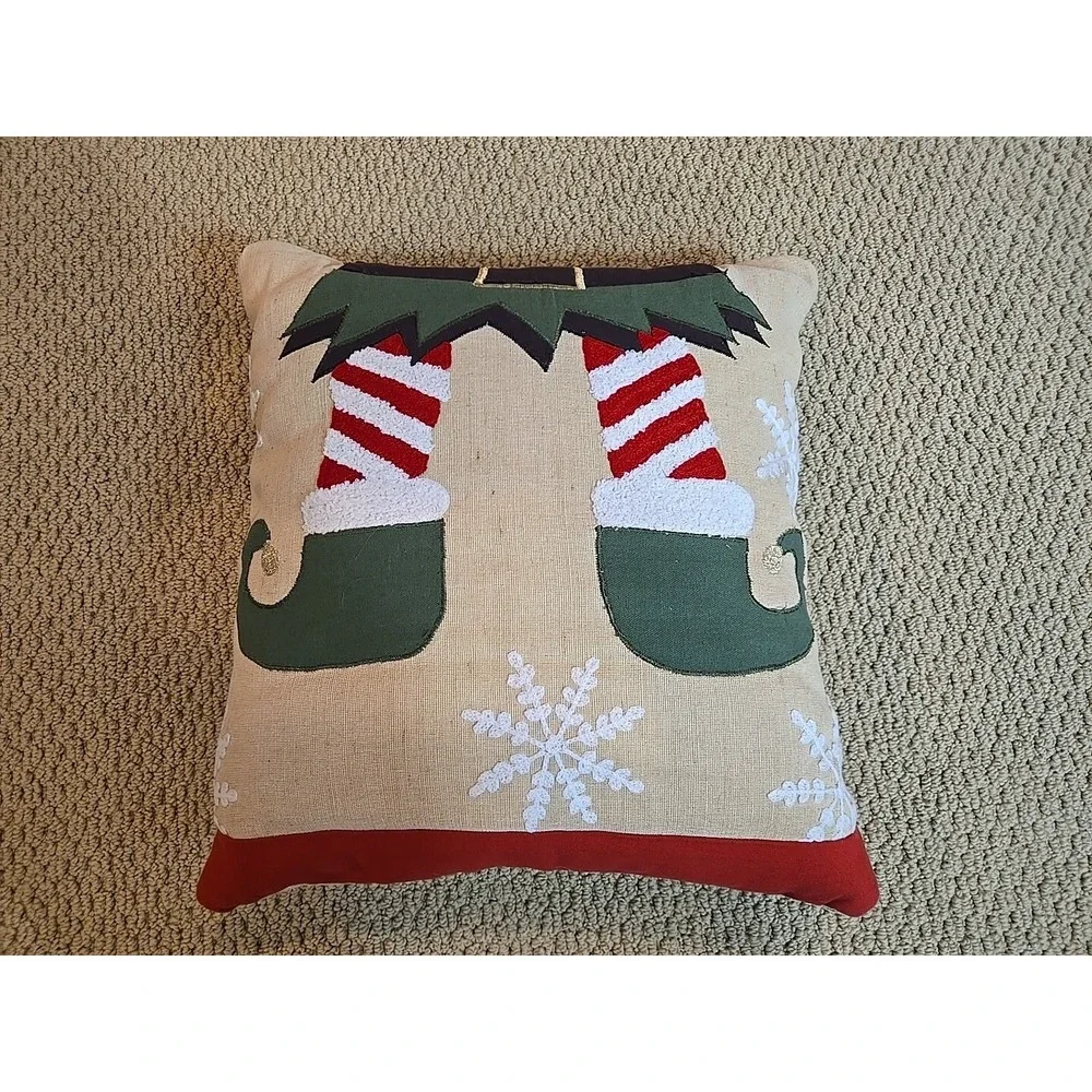 Christmas Holiday Decorative Pillow Elf Snowflakes 3-D Embroidered 18